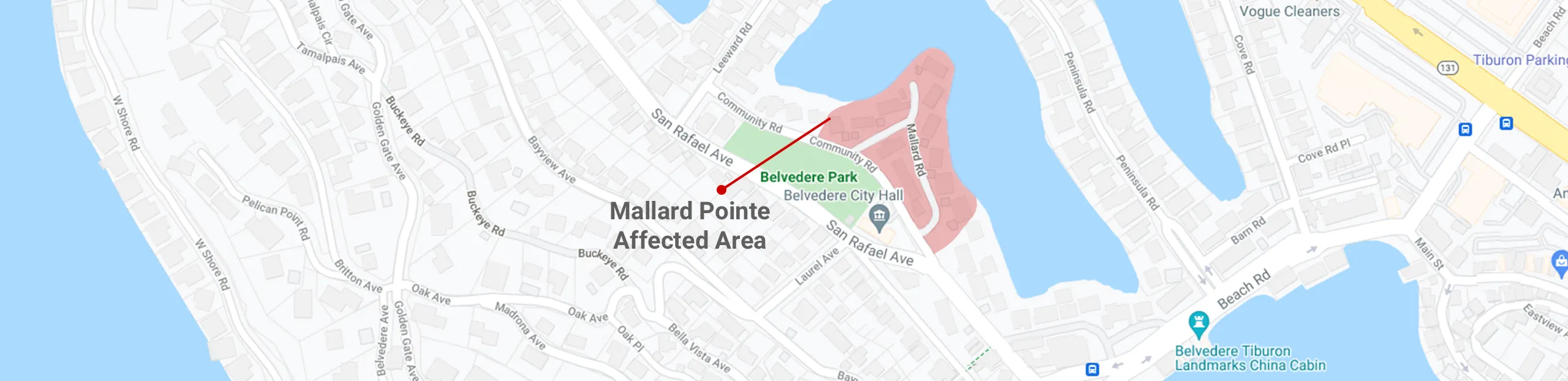Map of the Mallard Pointe affected area along Mallard Road, between Belvedere Park and the Belvedere Lagoon