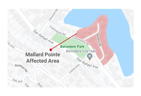 Map of the Mallard Pointe affected area along Mallard Road, between Belvedere Park and the Belvedere Lagoon